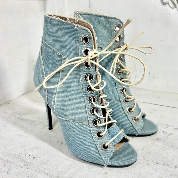 Barbara Bui Denim Lace-Up Open Toe Stilettos Ankle Boots Light Blue Women's 36.5 - Picture 3 of 10